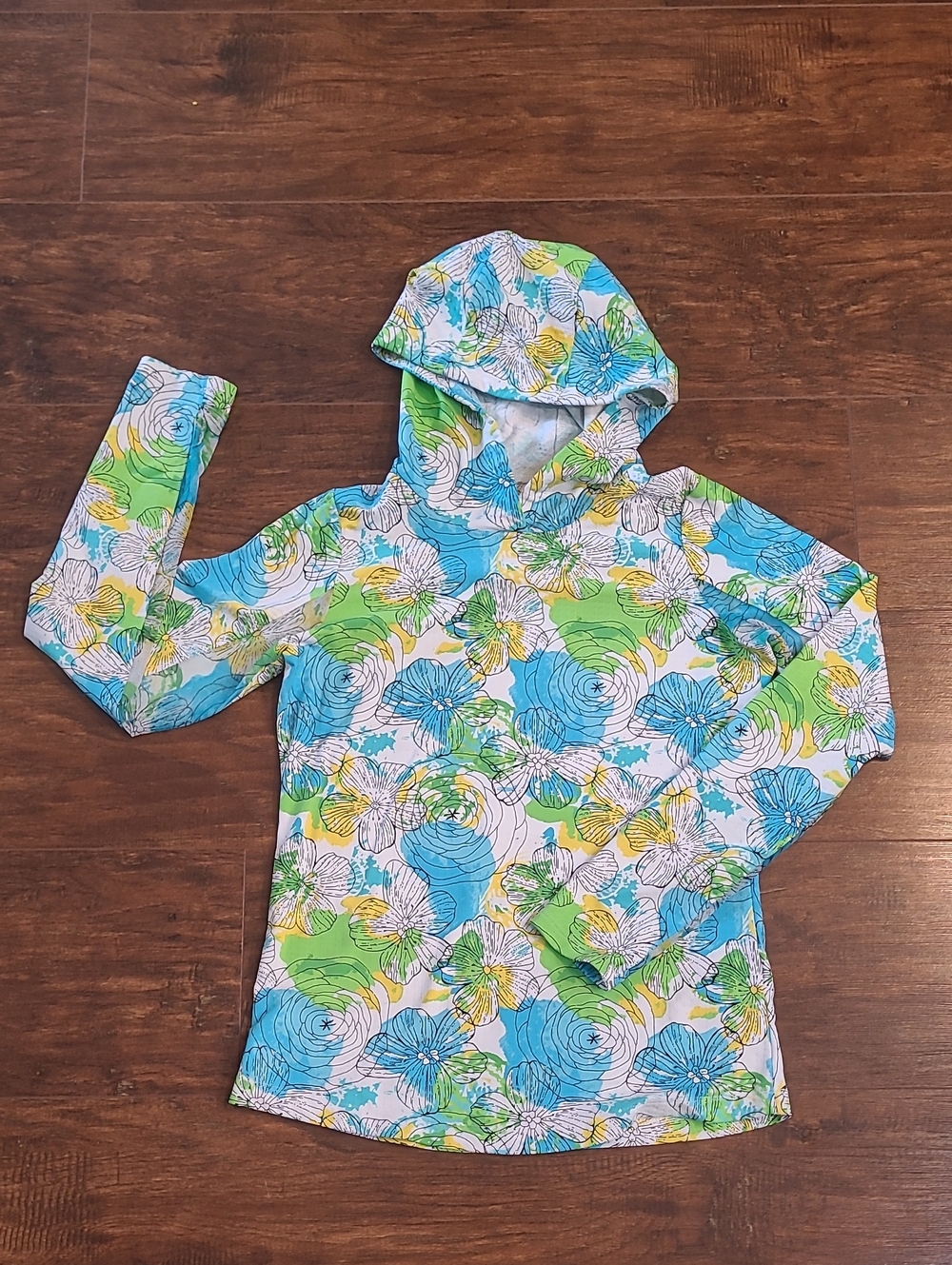 Ibkul Paddy Lime Floral Hooded Rash Guard - Blue & Green Mesh Under Arms Size Xs